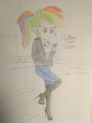 Size: 4032x3024 | Tagged: safe, artist:gibsterboy5, rainbow dash, human, equestria girls, g4, boots, clothes, denim, female, high heel boots, high heels, hoodie, jeans, jewelry, leather, leather boots, looking at something, pants, phone, raised leg, shoes, signature, simple background, solo, standing, thigh boots, traditional art