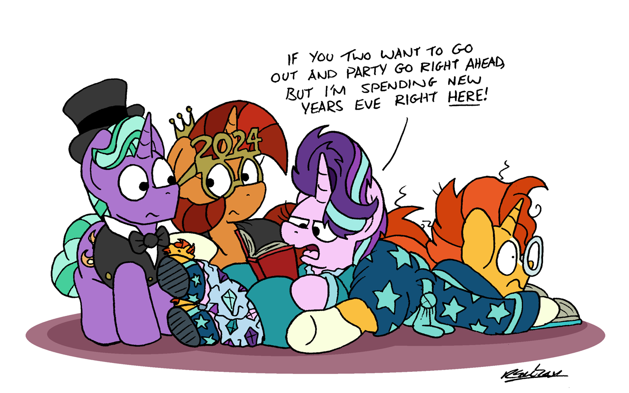 [artist:bobthedalek,bathrobe,book,butt,clothes,dress,female,g4,glasses,hat,jewelry,kite,male,mare,messy mane,pajamas,plot,pony,robe,safe,shipping,simple background,slippers,stallion,straight,suit,sunburst,tiara,top hat,unicorn,white background,new years eve,crossed legs,father and daughter,facial markings,butt pillow,mother and son,firelight,starlight glimmer,father and child,mother and child,coat markings,that pony sure does love kites,stellar flare,blaze (coat marking),socks (coat markings),ship:starburst]