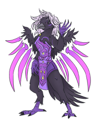 Size: 1074x1374 | Tagged: safe, artist:destiny_manticor, oc, oc:shade the raven, bird, ornithian, raven (bird), anthro, 2024 community collab, derpibooru community collaboration, clothes, digital art, ethereal wings, female, request, simple background, solo, spread wings, transparent background, wings, witch