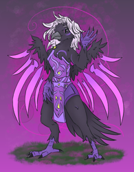 Size: 1074x1374 | Tagged: safe, artist:destiny_manticor, oc, oc:shade the raven, bird, ornithian, raven (bird), anthro, clothes, digital art, ethereal wings, magic, purple, request, solo, spread wings, wings, witch
