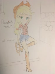 Size: 4032x3024 | Tagged: safe, artist:gibsterboy5, applejack, human, equestria girls, g4, boots, checkered shirt, clothes, cowboy hat, cutie mark on clothes, denim, denim shorts, female, hat, high heel boots, high heels, jewelry, lasso, leaning on wall, looking at someone, raised leg, rope, scrunchie, shirt, shoes, shorts, signature, simple background, solo, standing, traditional art