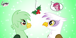 Size: 3072x1536 | Tagged: safe, artist:gregory-the-griffon, gilda, pinkie pie, oc, oc:gregory griffin, earth pony, griffon, g4, canon x oc, female, holiday, holly, holly mistaken for mistletoe, male, shipping