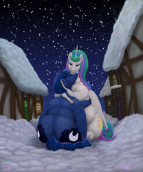 Size: 1250x1500 | Tagged: safe, artist:soobel, princess celestia, princess luna, alicorn, pony, g4, duo, duo female, fat, female, hug, mare, night, obese, ponyville, realistic horse legs, royal sisters, siblings, sisters, winter