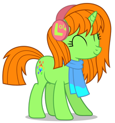 Size: 3864x4121 | Tagged: safe, artist:creedyboy124, oc, oc only, oc:lola, pony, unicorn, g4, clothes, earmuffs, eyes closed, female, scarf, simple background, smiling, solo, transparent background, vector, winter outfit