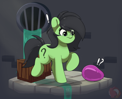 Size: 2418x1964 | Tagged: safe, artist:joaothejohn, oc, oc only, oc:filly anon, earth pony, goo, pony, game:filly astray, brick, brick wall, crate, cute, earth pony oc, fan game, fanart, female, filly, game, looking down, raised hoof, sewer, slime, solo, walking, water