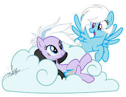 Size: 10000x7736 | Tagged: safe, artist:kaitykat117, oc, oc only, oc:feather bloom(fb), oc:feather_bloom, oc:silver haze(kaitykat), g4, absurd resolution, arm behind head, clothes, cloud, couple, crossed legs, flying, jacket, leather, leather jacket, lesbian, lying down, lying on a cloud, on a cloud, open mouth, simple background, transparent background, vector