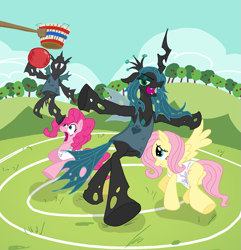 Size: 1245x1290 | Tagged: safe, artist:notsafeforsanity, fluttershy, pinkie pie, queen chrysalis, changeling, changeling queen, pony, g4, ball, basketball, buckball, buckball field, buckball uniform, buckbasket, bushel basket, clothes, jersey, meme, nba, ponified meme, show accurate