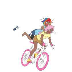 Size: 3072x3072 | Tagged: safe, artist:cryweas, artist:icicle-niceicle-1517, color edit, edit, fluttershy, rainbow dash, human, g4, alternate hairstyle, barefoot, bicycle, clothes, collaboration, colored, compression shorts, dark skin, discarded clothing, duo, feet, female, fingerless gloves, gloves, hair over one eye, high res, holding on, hug, humanized, lesbian, open mouth, personality swap, scared, scaredy dash, ship:flutterdash, shipping, shirt, shoes, shorts, simple background, sneakers, socks, starry eyes, swirly eyes, t-shirt, tank top, transparent background, wingding eyes