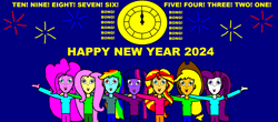 Size: 2382x1052 | Tagged: safe, applejack, fluttershy, pinkie pie, rainbow dash, rarity, sunset shimmer, twilight sparkle, human, equestria girls, g4, arm around neck, clock, equestria girls-ified, fireworks, happy new year, holiday, humane five, humane seven, humane six, looking at you, talking to viewer