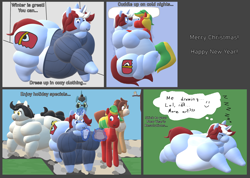 Size: 2690x1917 | Tagged: safe, oc, oc:crystal moonlight, oc:pencil test, oc:peppercorn gourmaise, oc:plascy, oc:turbo stormcharge, bird, earth pony, pony, unicorn, 3d, comic, earth pony oc, fat, fetish, horn, obese, paint 3d, render, shipping, unicorn oc