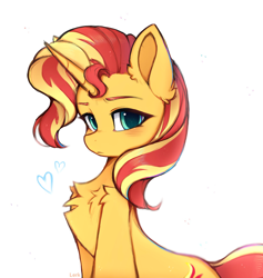 Size: 1408x1487 | Tagged: safe, artist:lerkfruitbat, sunset shimmer, pony, unicorn, g4, blushing, chest fluff, colored eyebrows, commission, concave belly, cute, ear fluff, eyebrows, female, heart, horn, looking at you, mare, shimmerbetes, signature, simple background, solo, white background