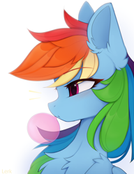 Size: 2994x3904 | Tagged: safe, artist:lerkfruitbat, rainbow dash, pegasus, pony, g4, blowing bubblegum, bubblegum, bust, chest fluff, colored eyebrows, ear fluff, eyebrows, eyebrows visible through hair, female, food, gum, high res, mare, profile, side view, simple background, solo, white background