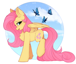 Size: 3703x3131 | Tagged: safe, artist:lerkfruitbat, fluttershy, butterfly, pegasus, pony, g4, chest fluff, cute, ear fluff, eyebrows, female, high res, leg fluff, looking at you, mare, open mouth, open smile, partially open wings, profile, raised leg, shyabetes, signature, smiling, smiling at you, solo, wings