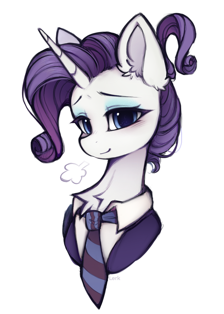 [blushing,bust,chest fluff,clothes,eyebrows,eyeshadow,female,g4,horn,looking at you,makeup,mare,necktie,pony,rarity,safe,signature,simple background,solo,suit,unicorn,white background,ear fluff,smiling,smiling at you,artist:lerkfruitbat]