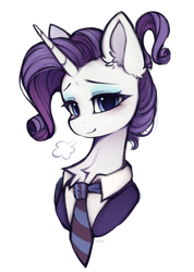 Size: 1046x1468 | Tagged: safe, artist:lerk, rarity, pony, unicorn, g4, blushing, bust, chest fluff, clothes, ear fluff, eyebrows, eyeshadow, female, horn, looking at you, makeup, mare, necktie, signature, simple background, smiling, smiling at you, solo, suit, white background