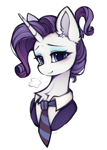Size: 1046x1468 | Tagged: safe, artist:lerkfruitbat, rarity, pony, unicorn, g4, blushing, bust, chest fluff, clothes, ear fluff, eyebrows, eyeshadow, female, horn, looking at you, makeup, mare, necktie, signature, simple background, smiling, smiling at you, solo, suit, white background