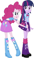 Size: 1486x2520 | Tagged: safe, edit, edited screencap, editor:homersimpson1983, screencap, pinkie pie, twilight sparkle, human, equestria girls, g4, background removed, backpack, blouse, boots, bowtie, bracelet, clothes, duo, duo female, female, grab, hair, holding, holding hands, jewelry, looking at someone, not a vector, open mouth, puffy sleeves, shirt, shoes, simple background, skirt, teenager, transparent background, vest