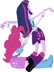 Size: 1882x2520 | Tagged: safe, edit, edited screencap, editor:homersimpson1983, screencap, pinkie pie, twilight sparkle, human, equestria girls, g4, my little pony equestria girls, arms in the air, background removed, backpack, bending, blouse, boots, bracelet, breasts, bust, clothes, duo, female, grab, hair, holding, holding hands, jewelry, legs, not a vector, puffy sleeves, shirt, shoes, simple background, skirt, spread arms, teenager, transparent background, vest