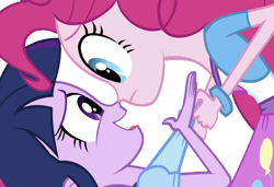 Size: 3676x2520 | Tagged: safe, edit, edited screencap, editor:homersimpson1983, screencap, pinkie pie, twilight sparkle, human, equestria girls, g4, my little pony equestria girls, background removed, blouse, bracelet, breasts, bust, clothes, duo, female, grab, hair, high res, holding, jewelry, looking at each other, looking at someone, looking down, looking up, nervous, nervous smile, not a vector, open mouth, shirt, simple background, skirt, smiling, talking, teenager, transparent background, vest
