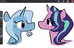 Size: 2048x1344 | Tagged: safe, artist:captainzigo, starlight glimmer, trixie, pony, unicorn, g4, blushing, bust, duo, female, heart, lesbian, looking at each other, looking at someone, ship:startrix, shipping, simple background, white background