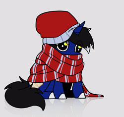 Size: 2424x2288 | Tagged: safe, artist:superduperath, oc, oc only, oc:night reader, bat pony, pony, unicorn, clothes, commission, derp, gray background, hat, high res, reflection, scarf, silly, silly pony, simple background, smol, solo, striped scarf, warm, ych result