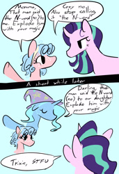 Size: 1397x2048 | Tagged: safe, artist:captainzigo, cozy glow, starlight glimmer, trixie, pegasus, pony, unicorn, g4, adopted offspring, eyes closed, female, freckles, lesbian, looking at each other, looking at someone, ship:startrix, shipping, stfu, sweat, sweatdrop, text