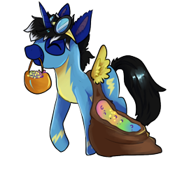 Size: 800x800 | Tagged: safe, artist:lovelock, oc, oc:night reader, bat pony, unicorn, candy, clothes, commission, costume, cute, food, goggles, halloween, halloween costume, holiday, smiling, uniform, wonderbolts uniform, ych result