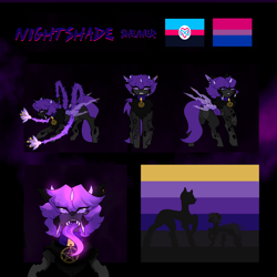 Size: 5000x5000 | Tagged: safe, artist:minty--fresh, oc, oc:shade, changeling, bisexual pride flag, choker, flower, long tongue, palette, pentagram, piercing, polyamory pride flag, pride, pride flag, purple changeling, reference sheet, short hair, size comparison, tongue out, vine