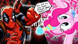Size: 1280x720 | Tagged: safe, artist:rayluishdx2, pinkie pie, human, pony, g4, breaking the fourth wall, deadpool, death battle, dialogue, female, fourth wall, hat, male, marvel, marvel comics, party hat, party horn, superhero, vs