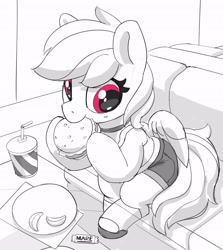 Size: 2542x2845 | Tagged: safe, artist:pabbley, rainbow dash, pegasus, pony, g4, burger, choker, clothes, cute, dashabetes, eating, female, food, grayscale, high angle, high res, hoof hold, mare, monochrome, partial color, shorts, sitting, solo