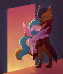 Size: 3000x3500 | Tagged: safe, artist:cottonheart05, capper dapperpaws, oc, oc:cotton heart, abyssinian, pegasus, pony, anthro, g4, blushing, butt, canon x oc, couple, female, high res, hug, male, plot, spread wings, straight, stupid sexy capper, sunset, unshorn fetlocks, wings