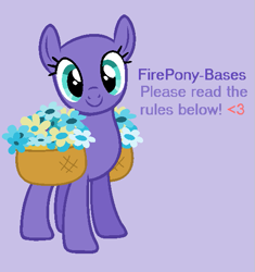 Size: 529x562 | Tagged: safe, artist:firepony-bases, oc, oc only, earth pony, pony, g4, bald, base, basket, closed mouth, female, flower, looking at you, mare, purple background, resource, simple background, smiling, solo, standing, text