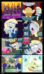 Size: 4134x6890 | Tagged: safe, derpy hooves, granny smith, devil, human, parasprite, equestria girls, g4, angry, comic, food, letter, muffin, post office, spanish