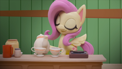Size: 1920x1080 | Tagged: safe, fluttershy, pony, g4, g4.5, my little pony: stop motion short, valentine's day card (short), cup, cute, eyes closed, smiling, solo, teacup, teapot