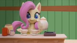 Size: 1920x1080 | Tagged: safe, fluttershy, pony, g4, g4.5, my little pony: stop motion short, valentine's day card (short), cup, cute, solo, teacup, teapot