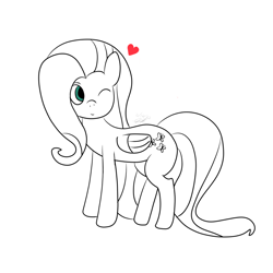 Size: 1024x1024 | Tagged: safe, artist:milkyloquat, fluttershy, pegasus, pony, g4, drawing, heart, lineart, monochrome, one eye closed, simple background, solo, white background, wink