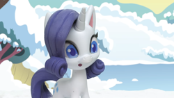 Size: 1920x1080 | Tagged: safe, rarity, pony, g4, g4.5, my little pony: stop motion short, snow pony contest (short), confused, cute, ice, lake, open mouth, snow, solo, water