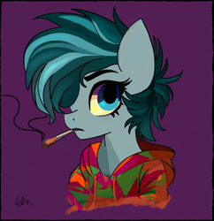 Size: 1280x1320 | Tagged: safe, artist:paintedskies, oc, oc only, oc:blueorchids, earth pony, pony, bust, clothes, drugs, hoodie, joint, marijuana, mixed media, portrait, smoking, solo