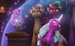 Size: 1740x1080 | Tagged: safe, screencap, blaize skysong, luxxe, opaline arcana, spike, alicorn, dragon, pony, g5, my little pony: make your mark, my little pony: make your mark chapter 6, roots of all evil, spoiler:g5, spoiler:my little pony: make your mark, spoiler:my little pony: make your mark chapter 6, spoiler:mymc06e02, animated, dragon lord spike, dragon stone, female, gif, glowing, glowing horn, glowing wings, horn, hypnosis, hypnotized, levitation, magic, magic bubble, mare, older, older spike, opaline being opaline, pedestal, relic, spread wings, telekinesis, trapped, wings