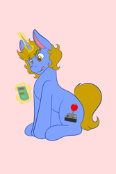 Size: 1365x2048 | Tagged: safe, artist:mscolorsplash, oc, oc only, pony, unicorn, commission, game boy, levitation, licking, licking lips, magic, pink background, simple background, solo, telekinesis, tongue out