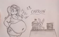 Size: 1840x1164 | Tagged: safe, artist:levick-ri, angel bunny, fluttershy, human, rabbit, equestria girls, animal, bbw, belly, belly button, big belly, breasts, breathing, burger, busty fluttershy, cleavage, fat, fattershy, female, food, huge belly, male, monochrome, obese, traditional art, weight gain