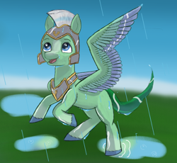 Size: 2064x1898 | Tagged: safe, anonymous artist, thunder flap, pegasus, pony, g5, happy, helmet, male, open mouth, outdoors, pegasus royal guard, puddle, rain, royal guard, solo, spread wings, stallion, wet, wings