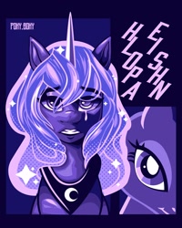 Size: 2400x3000 | Tagged: safe, artist:poxy_boxy, princess luna, alicorn, pony, g4, bust, crying, female, high res, looking at you, mare, monochrome, purplescale, solo, text