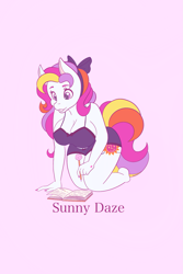 Size: 1365x2048 | Tagged: safe, artist:mscolorsplash, sunny daze (g3), earth pony, anthro, plantigrade anthro, g3, barefoot, big breasts, book, bow, bra, breasts, busty sunny daze (g3), cleavage, clothes, diary, feet, female, hair bow, mare, nail polish, panties, pen, purple background, reading, simple background, solo, underwear