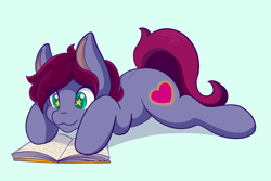 Size: 2048x1365 | Tagged: safe, artist:mscolorsplash, oc, oc only, earth pony, pony, book, colored pupils, commission, eye clipping through hair, eyebrows, eyebrows visible through hair, female, green background, light blue background, lying down, mare, prone, reading, simple background, smiling, solo, sploot, starry eyes, wingding eyes