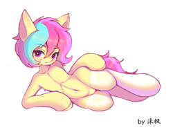 Size: 2024x1518 | Tagged: safe, artist:mo_feng, oc, oc only, semi-anthro, arm hooves, belly, belly button, clothes, collarbone, featureless crotch, female, human shoulders, mare, ribcage, simple background, smiling, solo, stockings, thigh highs, white background