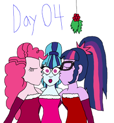 Size: 3500x3781 | Tagged: safe, artist:ktd1993, pinkie pie, sci-twi, sonata dusk, twilight sparkle, equestria girls, g4, cheek kiss, christmas, female, high res, holiday, holly, holly mistaken for mistletoe, kiss sandwich, kissing, lesbian, polyamory, ship:pinata, ship:twinata, shipping, simple background, transparent background, trio