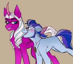 Size: 1280x1116 | Tagged: safe, artist:undead.chainz, argyle starshine, opaline arcana, alicorn, earth pony, pony, g5, blushing, crack shipping, female, glasses, jewelry, looking at each other, looking at someone, male, medallion, necklace, ship:opashine, shipping, stallion, straight