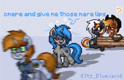 Size: 1663x1077 | Tagged: safe, edit, oc, oc:calamity, oc:homage, oc:littlepip, oc:velvet remedy, pegasus, pony, unicorn, ashes town, fallout equestria, pony town, blushing, clothes, confused, drunk, drunk bubbles, eating, female, funny, hiccup, jumpsuit, lesbian, meme, oc x oc, running, running away, ship:pipmage, shipping, shocked, vault suit