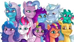 Size: 1920x1080 | Tagged: safe, artist:jbond, alphabittle blossomforth, comet (g5), hitch trailblazer, izzy moonbow, misty brightdawn, pipp petals, queen haven, sparky sparkeroni, sunny starscout, zipp storm, auroricorn, dragon, earth pony, pegasus, pony, unicorn, g5, my little pony: make your mark, my little pony: make your mark chapter 6, secrets of starlight, spoiler:g5, spoiler:my little pony: make your mark, spoiler:my little pony: make your mark chapter 6, spoiler:mymc06e04, baby, baby dragon, cute, father and child, father and daughter, father and son, female, glasses, group, jewelry, male, mane five, mane stripe sunny, mare, mother, mother and child, mother and daughter, on head, open mouth, papa hitch, rebirth misty, regalia, royal sisters (g5), siblings, simple background, sisters, smiling, stallion, white background